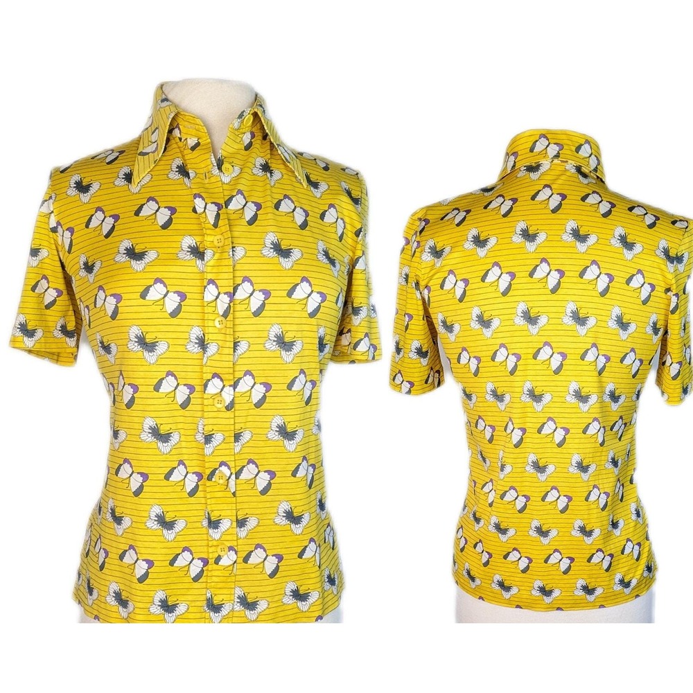 Hanae‎ Mori knit vintage designer yellow butterfly print 70s shirt collar